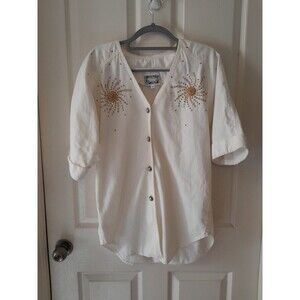 Vintage Monique Fashions Size 8 Whit Blouse With Gold Beads. B12